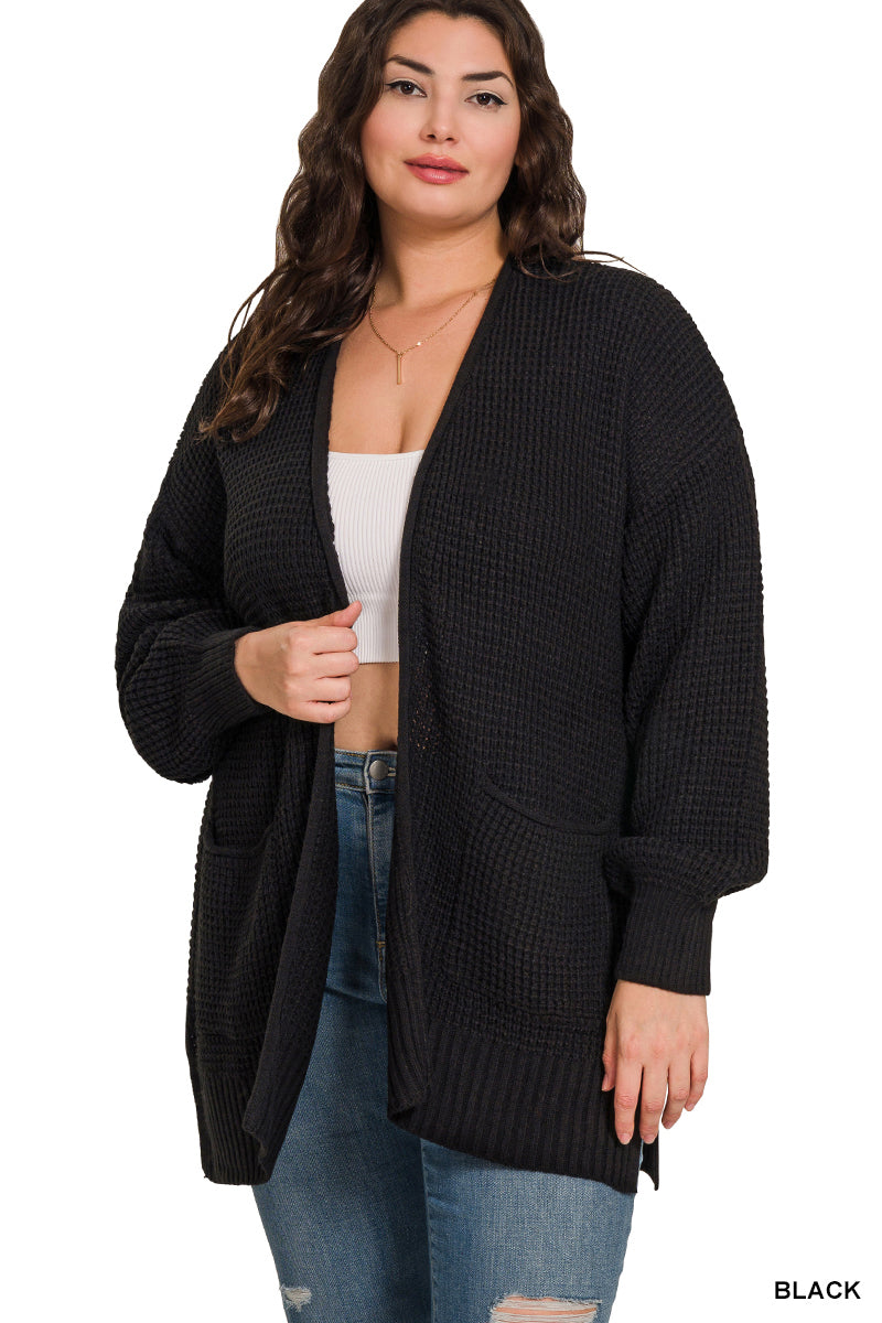 PLUS LOW GAUGE WAFFLE OPEN CARDIGAN