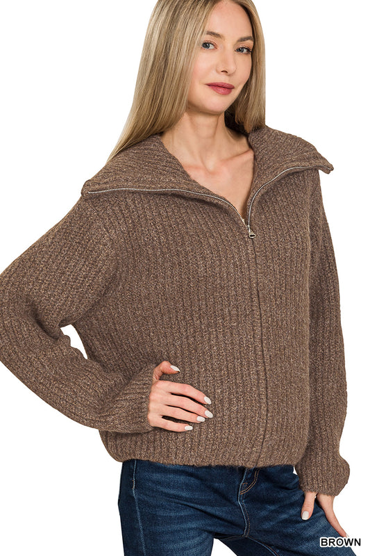 HIGH NECK FULL ZIP SWEATER