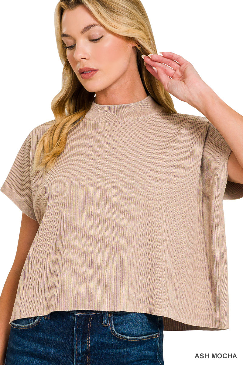 VISCOSE MOCK NECK SHORT SLEEVE BOXY SWEATER