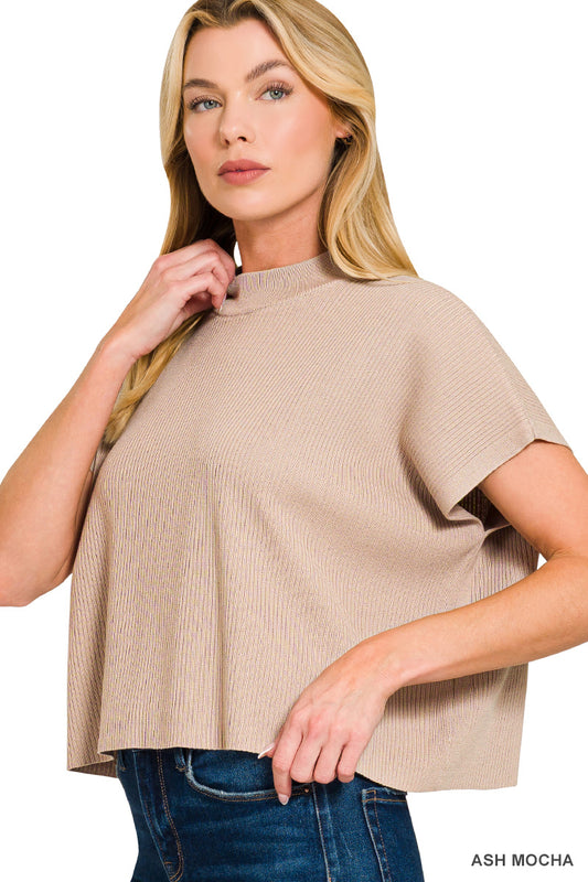 VISCOSE MOCK NECK SHORT SLEEVE BOXY SWEATER
