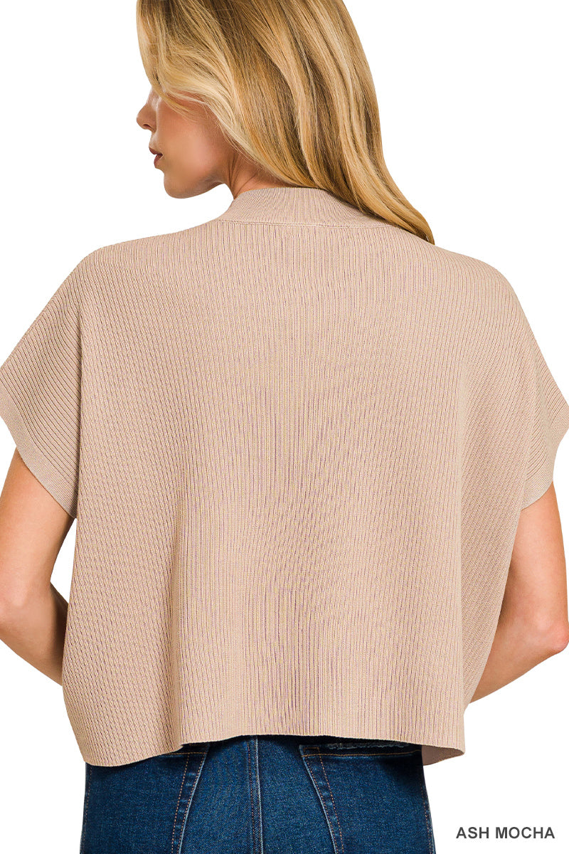 VISCOSE MOCK NECK SHORT SLEEVE BOXY SWEATER